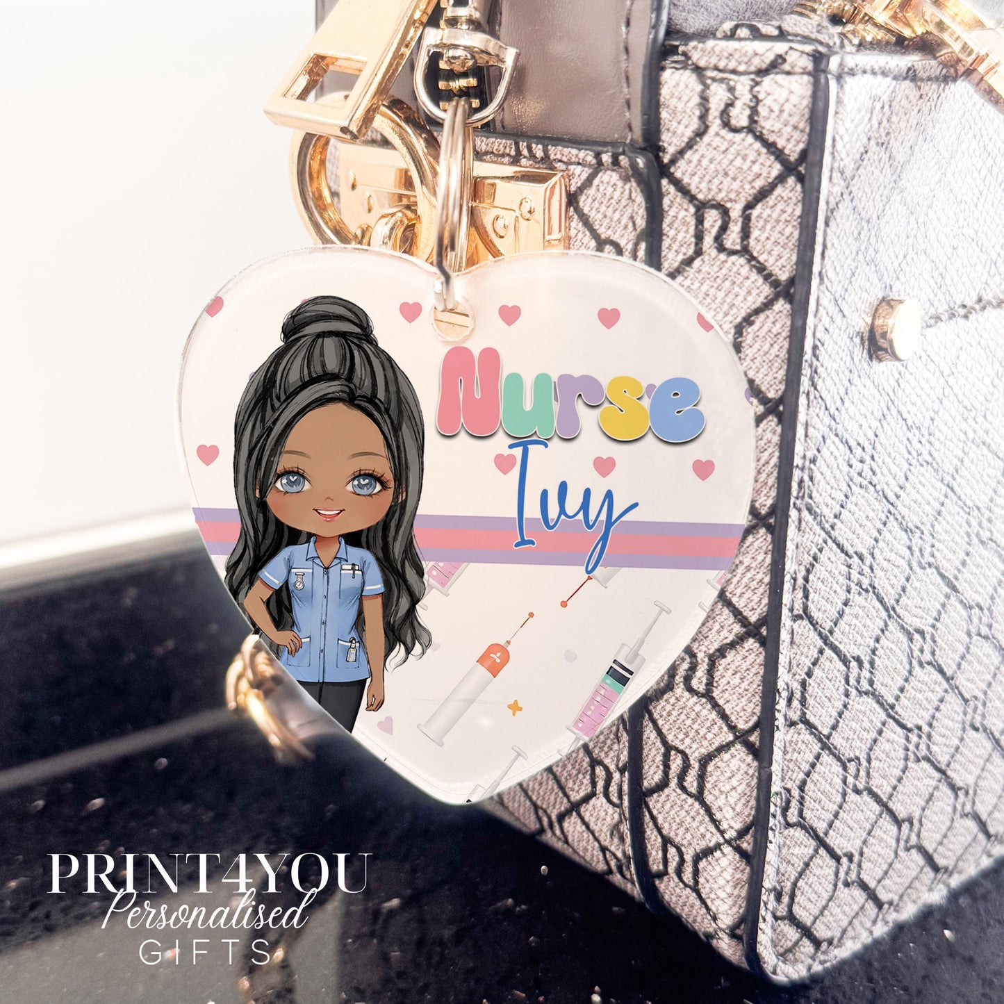 Personalised nurse and midwife bag charm with swivel clip, Nurse 1 character design