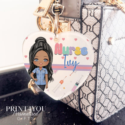 Personalised nurse and midwife bag charm with swivel clip, Nurse 1 character design