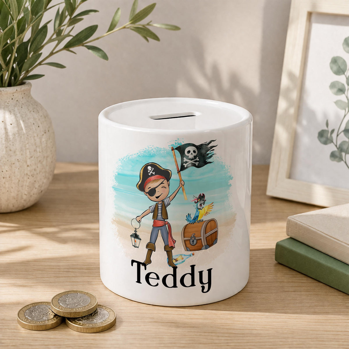 Personalised pirate ceramic money box, kids piggy bank gift
