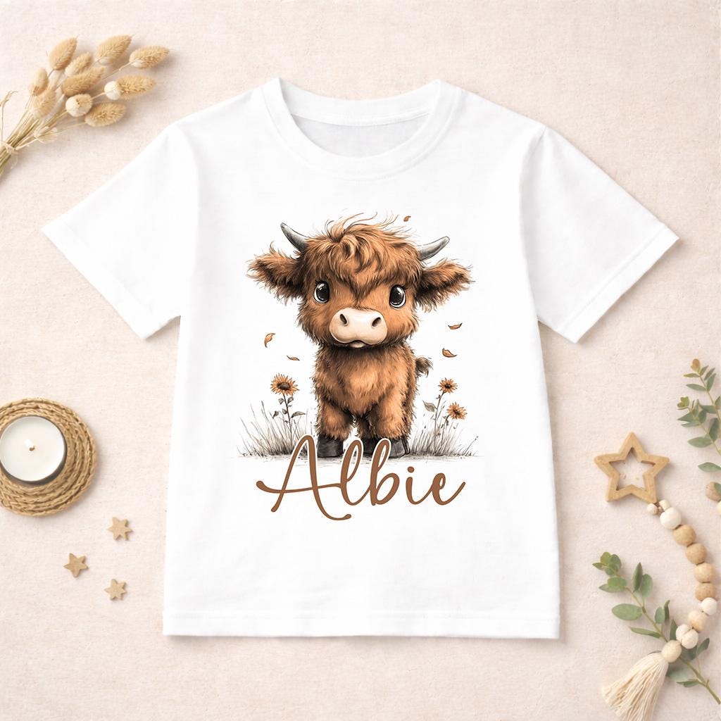 Personalised highland cow t-shirt with cute cow design and custom name