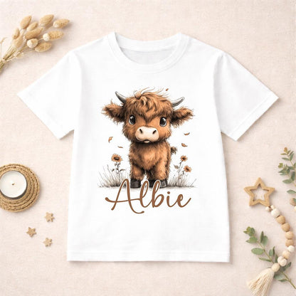 Personalised highland cow t-shirt with cute cow design and custom name