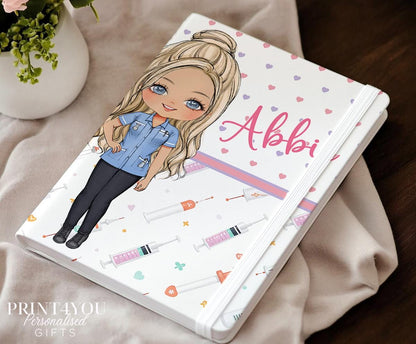 Personalised nurse notebook, PU leather journal with Nurse 3 cute character design and custom name