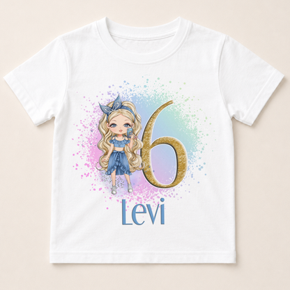 A white t-shirt with a graphic design featuring a blonde girl with blue hair and a gold number 6, along with the text " Levi 6" below the number.