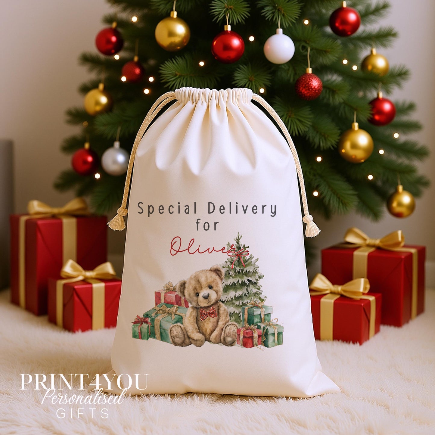 Personalised teddy bear Christmas sack, cream cotton drawstring santa sack printed with a teddy bear beside a Christmas tree and Special Delivery for a name