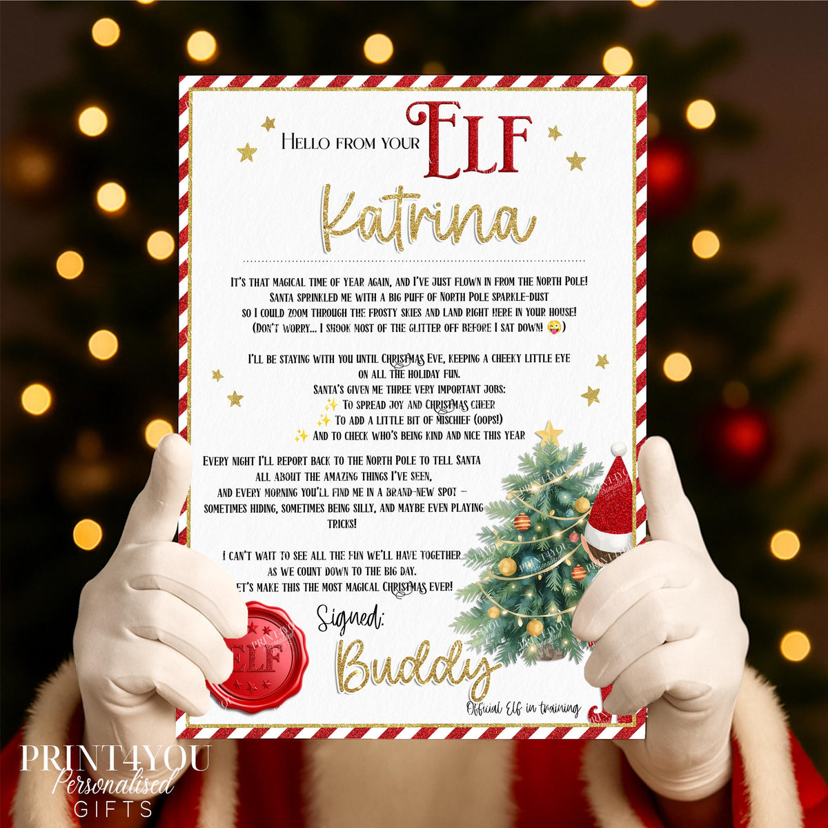 Personalised Elf Arrival Letter on A4 gloss card with a red and white candy cane border, printed with the child's name Katrina and signed by elf Buddy