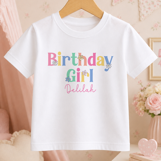 A white t-shirt with the text "Birthday Girl" and colorful flowers printed on it, hanging on a wooden hanger.