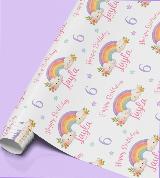 Digital proof of personalised rainbow birthday wrapping paper showing the custom name and age as they will be printed.