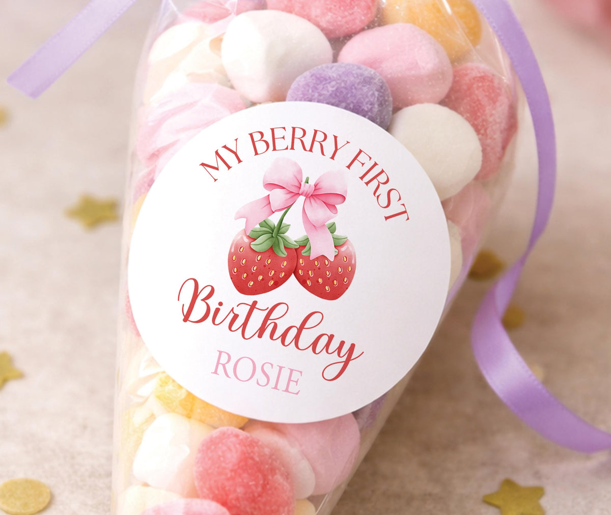 Sheet of personalised strawberry-themed first birthday stickers