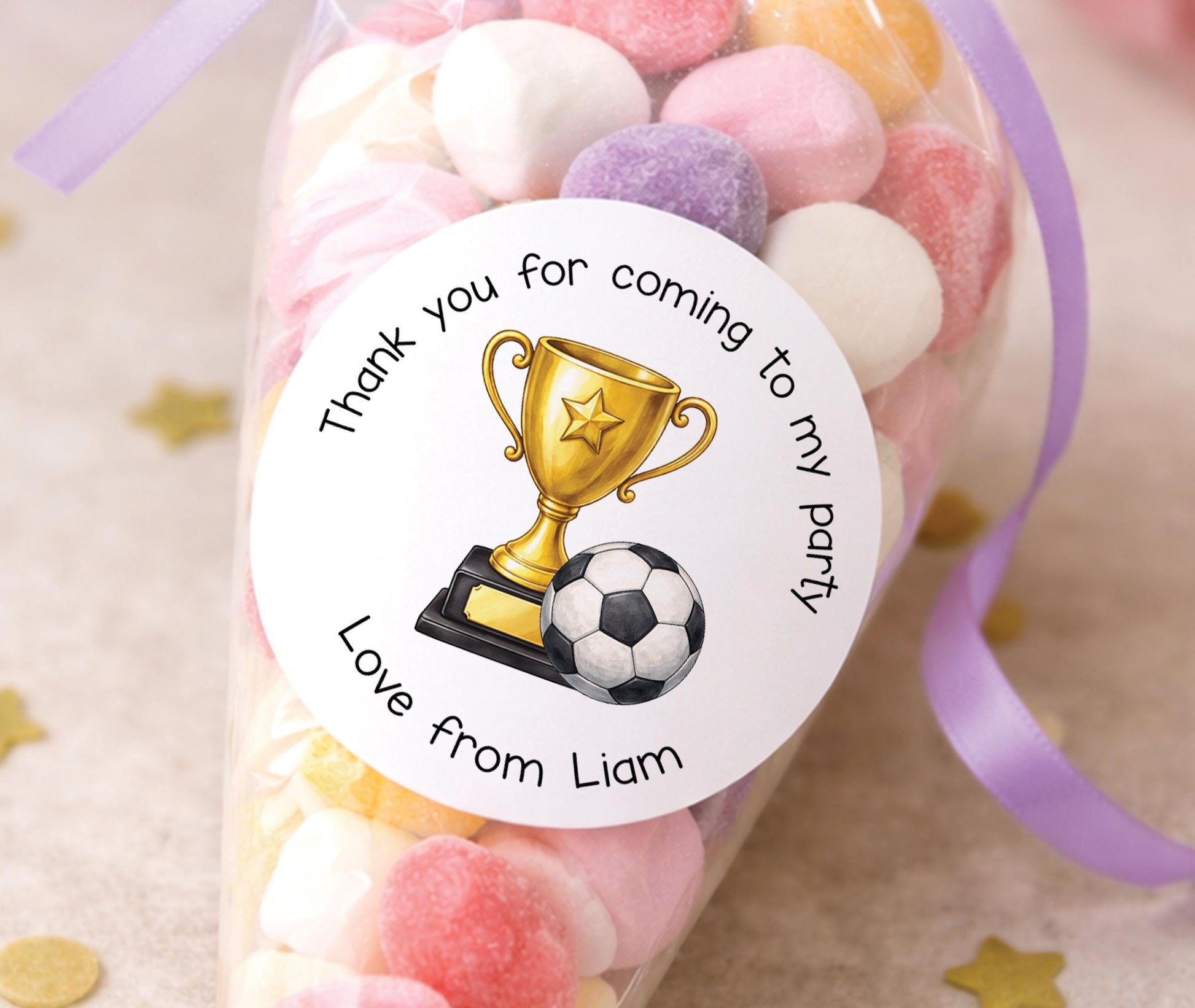 Sheet of personalised football-themed party stickers with a football design and custom name