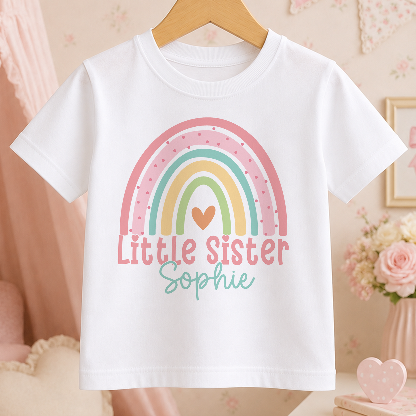 A white t-shirt with a colorful rainbow graphic and the text "Little Sister Sophie" printed on it, hanging on a wooden hanger.