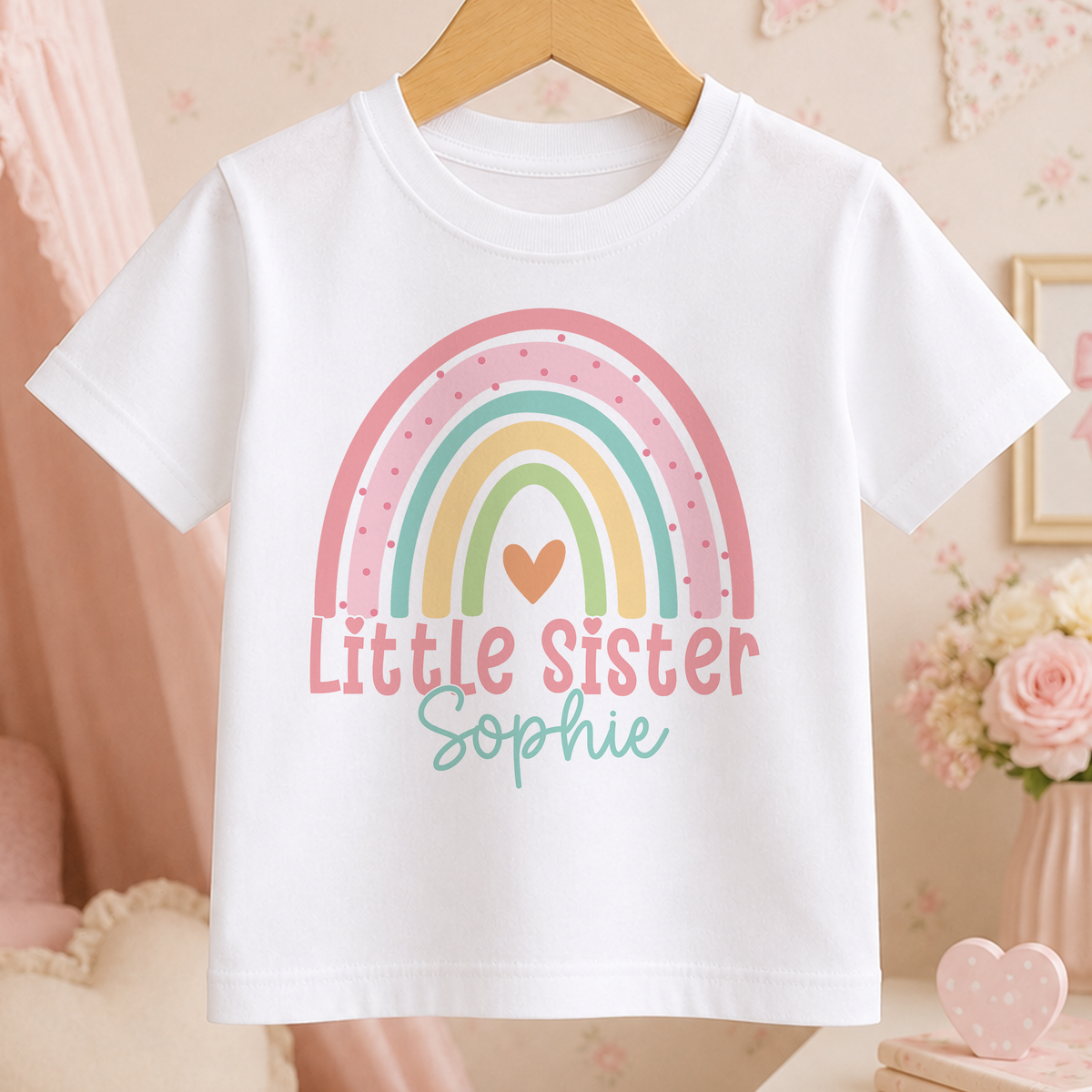 A white t-shirt with a colorful rainbow graphic and the text "Little Sister Sophie" printed on it, hanging on a wooden hanger.