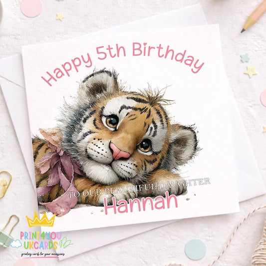 Square personalised birthday card featuring a colourful cartoon tiger design with space for a name and age