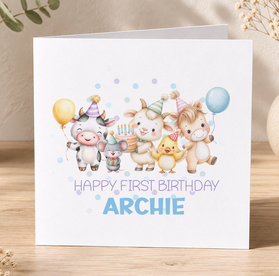 First birthday card for a grandson featuring cartoon farm animals – a cow, pig, chicken and duck – with balloons and the personalised message 'Happy First Birthday Archie'.
