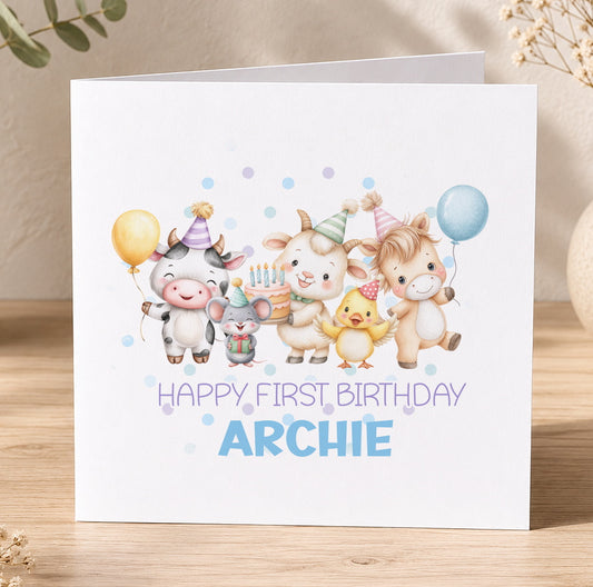 Square 1st birthday card featuring farmyard animals including a cow, pig, chicken and duck with balloons, personalised for a son's first birthday.