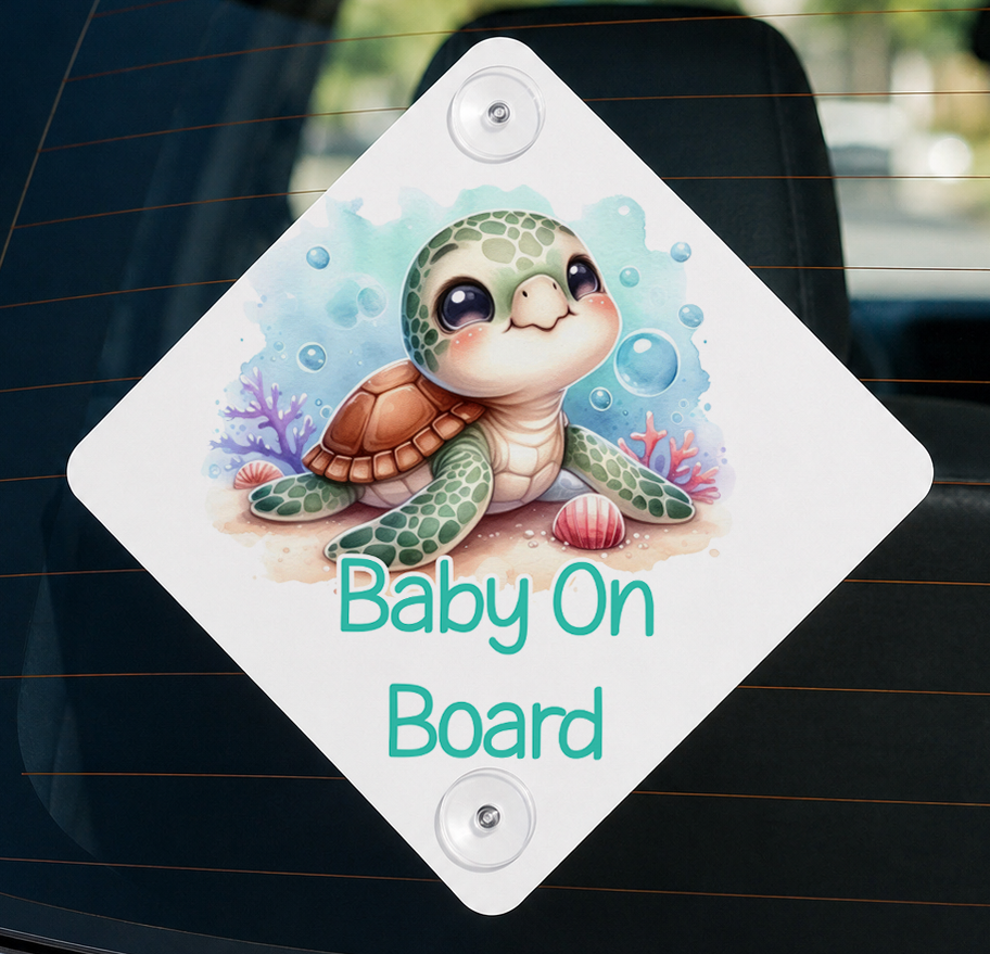 Aluminium baby on board car window sign featuring a cute turtle design
