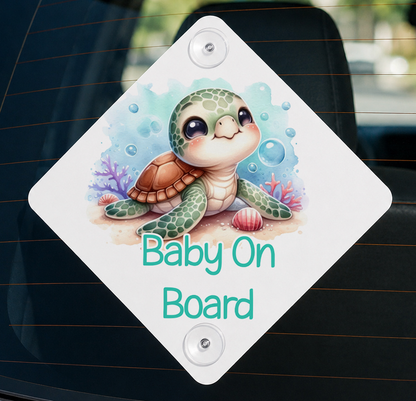 Aluminium baby on board car window sign featuring a cute turtle design