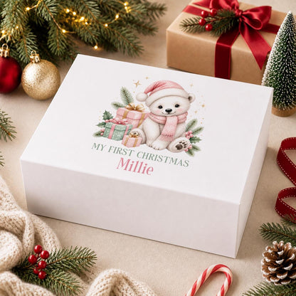 Personalised Christmas Eve Box | My First Christmas 2026 Pink Polar Bear Keepsake Box