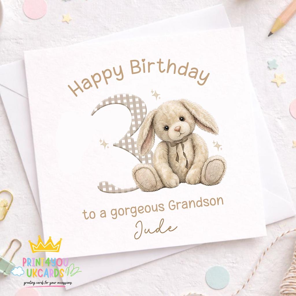 Front view of the beige bunny personalised birthday card on a plain background.