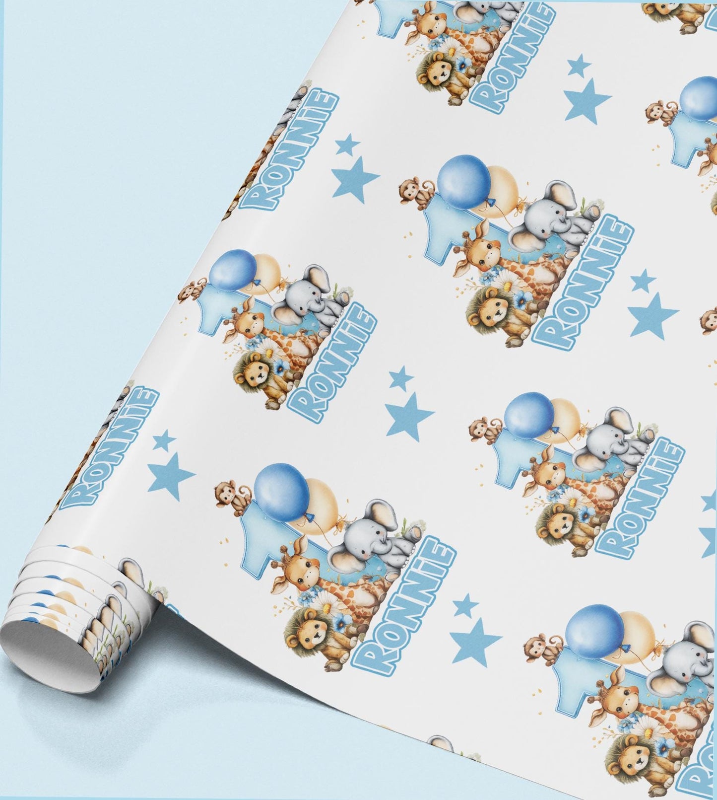 The image is a roll of wrapping paper with a repeating pattern of cartoon animal illustrations, including elephants, lions, and other animals, along with blue balloons and stars.