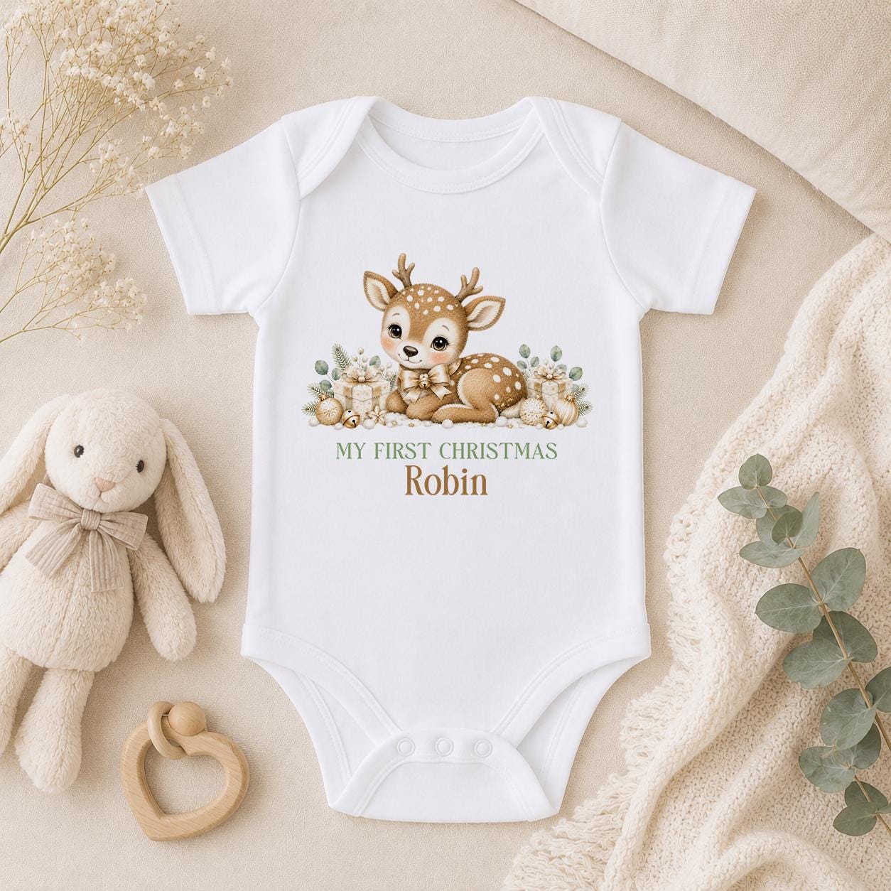Personalised Baby Christmas Outfit, 2026 Reindeer Sleepsuit, Bib