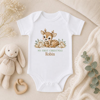 Personalised Baby Christmas Outfit, 2026 Reindeer Sleepsuit, Bib