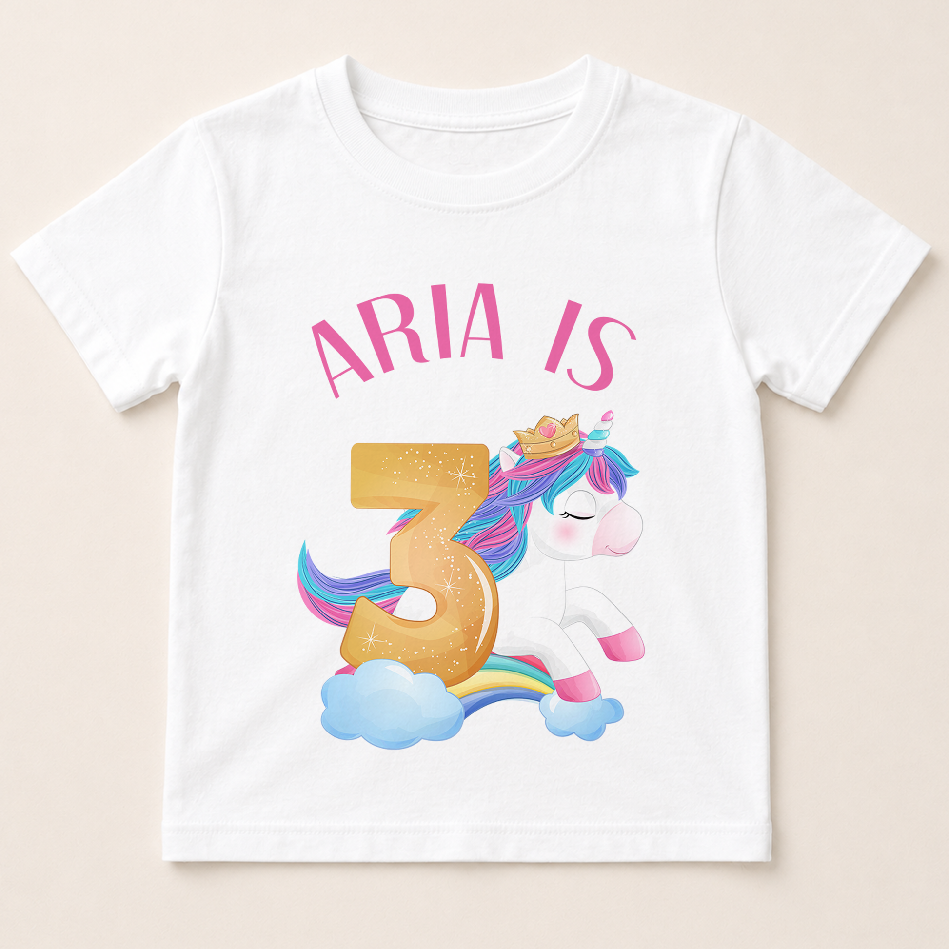 A white t-shirt with a graphic design featuring a unicorn and the number 3.