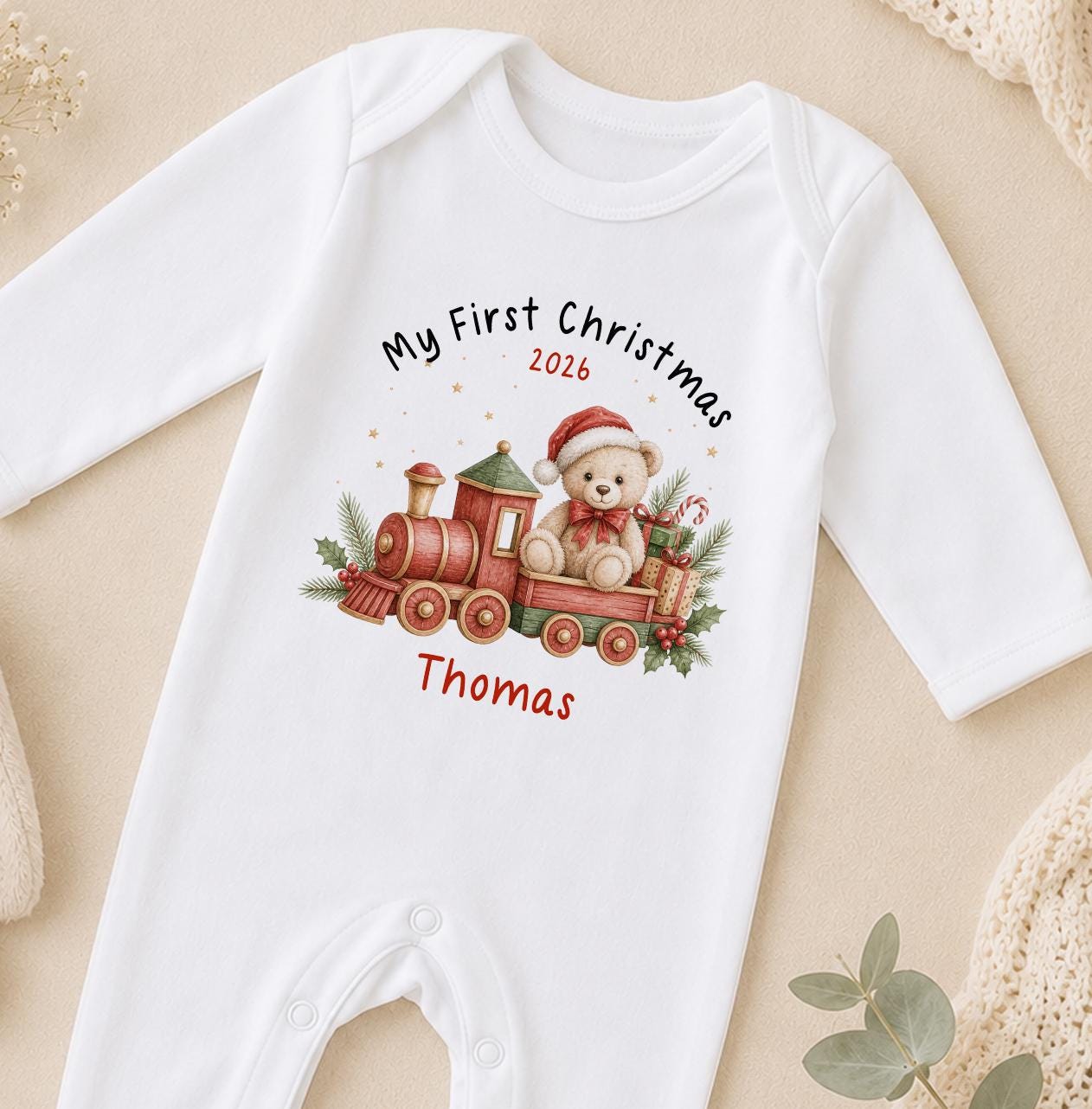 Personalised Baby Christmas Outfit - Teddy Bear Train, First Christmas 2026