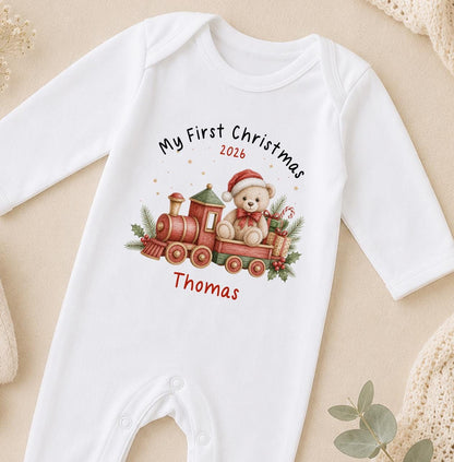 Personalised Baby Christmas Outfit - Teddy Bear Train, First Christmas 2026