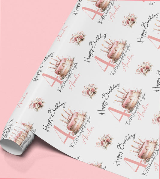 A roll of wrapping paper with a repeating pattern of pink birthday cakes and candles