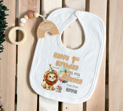 Personalised lion and balloons 1st birthday bib, printed with your chosen name and relation.