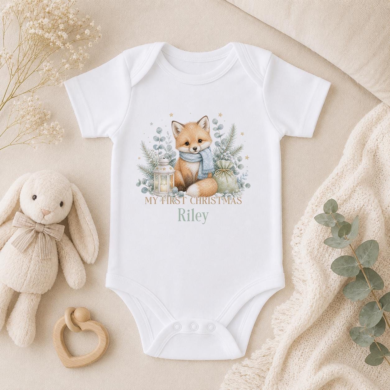 Personalised First Christmas Baby Outfit 2026, Fox Vest, Sleepsuit