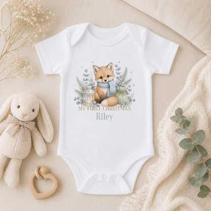 Personalised First Christmas Baby Outfit 2026, Fox Vest, Sleepsuit