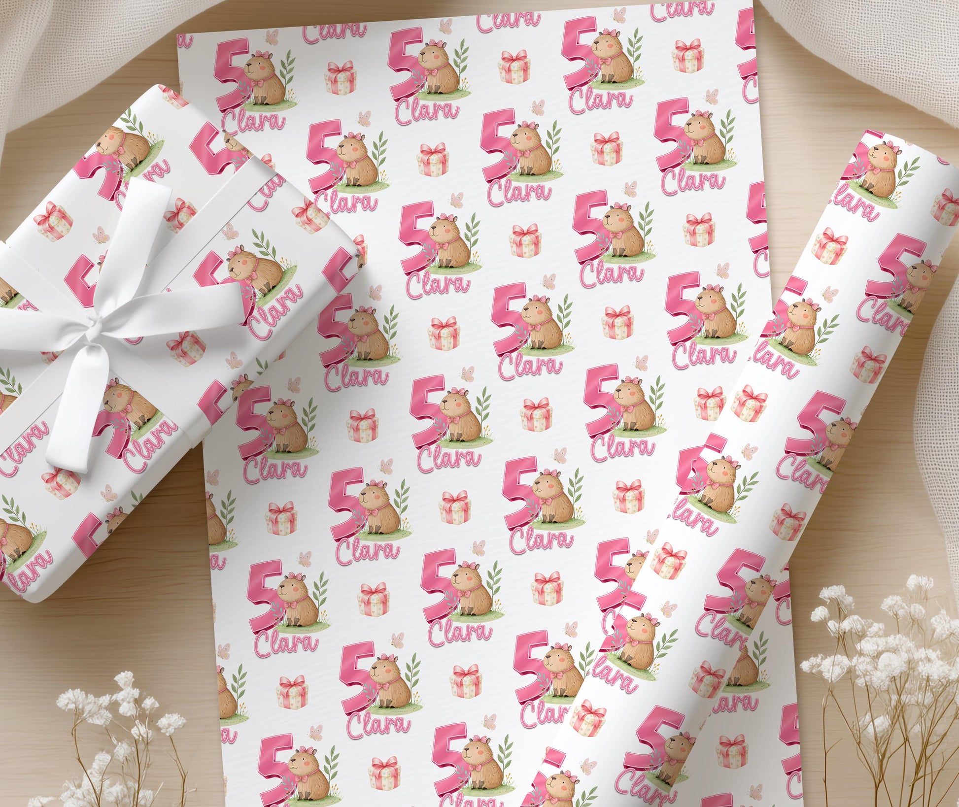 Capybara birthday wrapping paper pattern shown across a full sheet