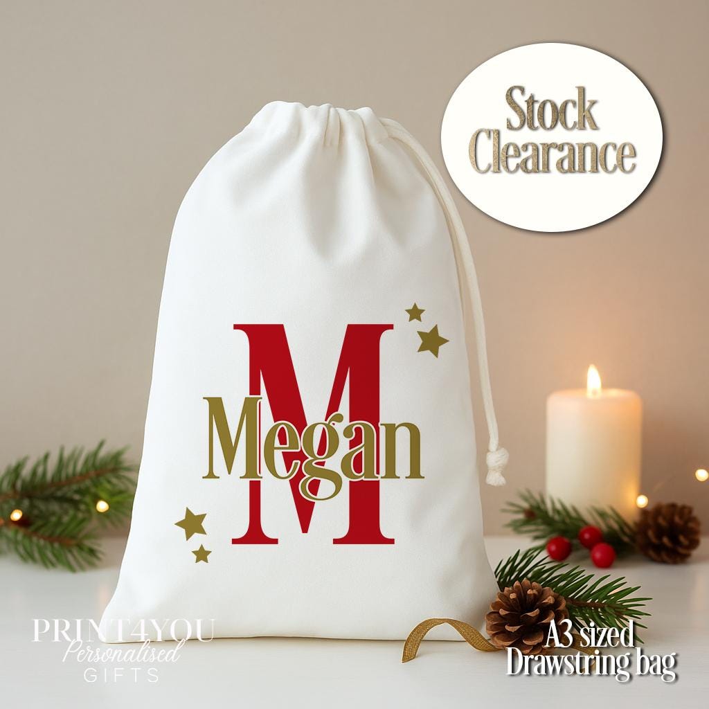 Personalised Christmas Bag – A3 Size Monogram Gift Sack with Sparkling Star Design
