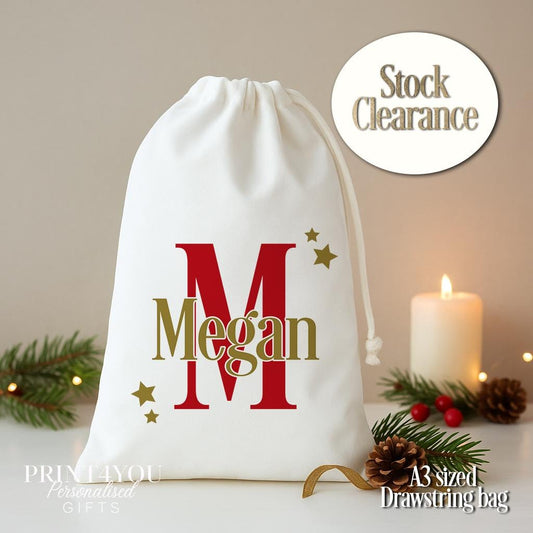 Personalised Christmas Bag – A3 Size Monogram Gift Sack with Sparkling Star Design