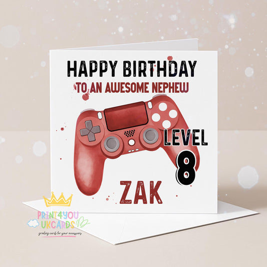Personalised gamer birthday card with a bold red games controller design, with space for a custom name, relation and level age