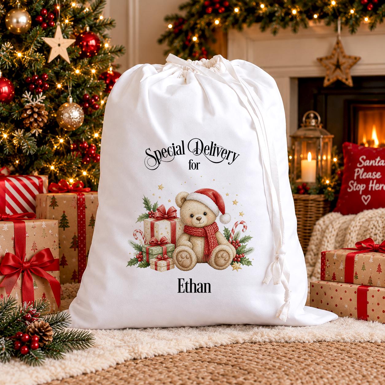 Personalised Santa Sack, Teddy Bear Christmas Eve Gift Bag With Name