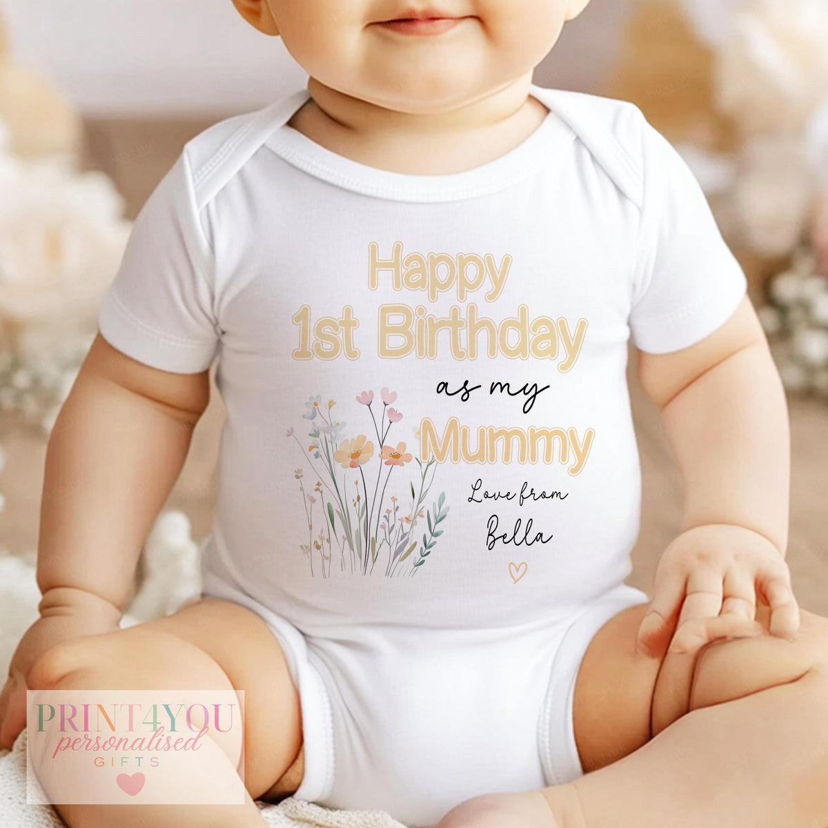 Close-up of the hand-painted wildflower print and gold 'Happy 1st Birthday as my Mummy' lettering, personalised with baby's name.