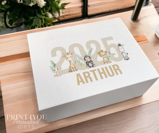 White magnetic-close keepsake box for a baby, personalised with the child's name and year and printed with a neutral beige safari animal design, shown in the medium 160 x 200 x 80mm size