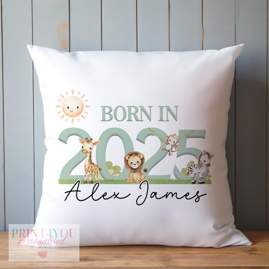 Soft white safari-print nursery cushion cover, personalised with baby's name, sold as cover only