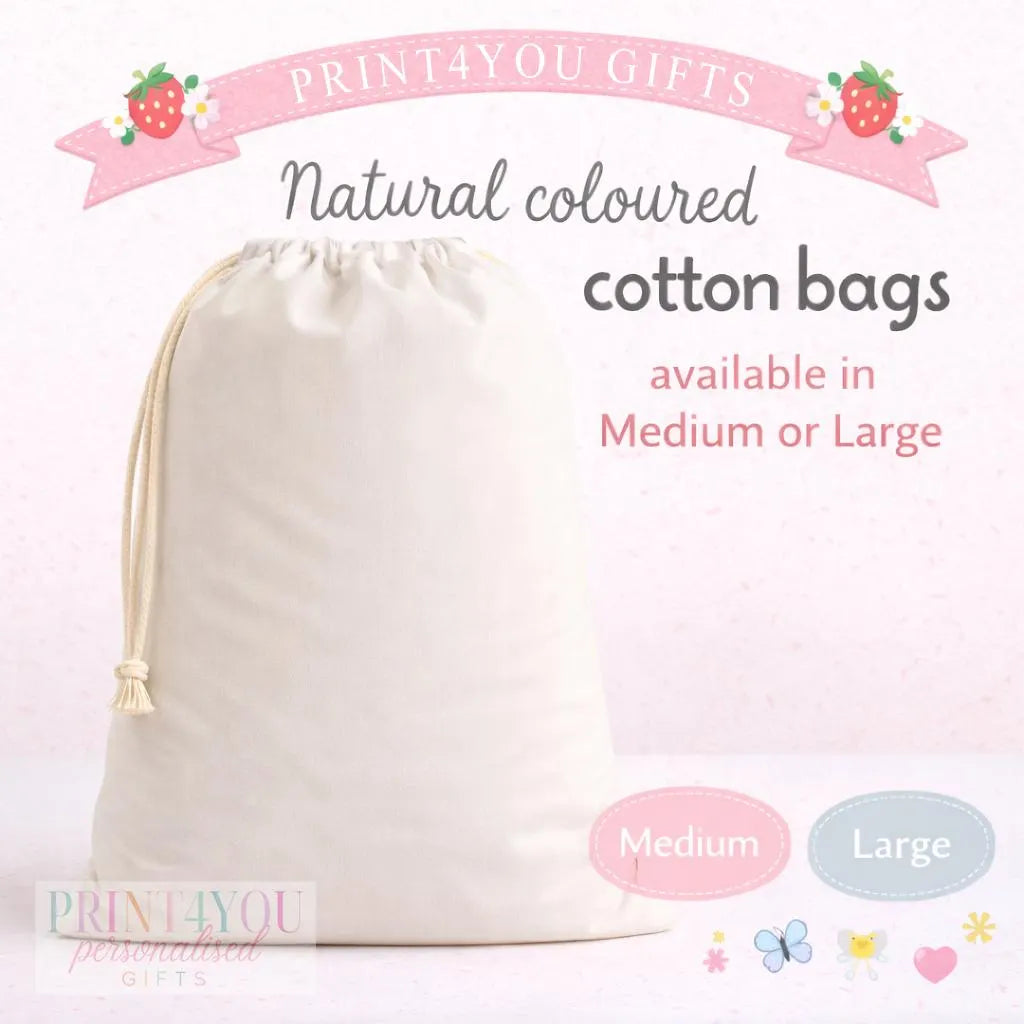 The image is an advertisement for natural coloured cotton bags, available in medium and large sizes.