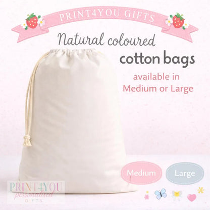 The image is an advertisement for natural coloured cotton bags, available in medium and large sizes.