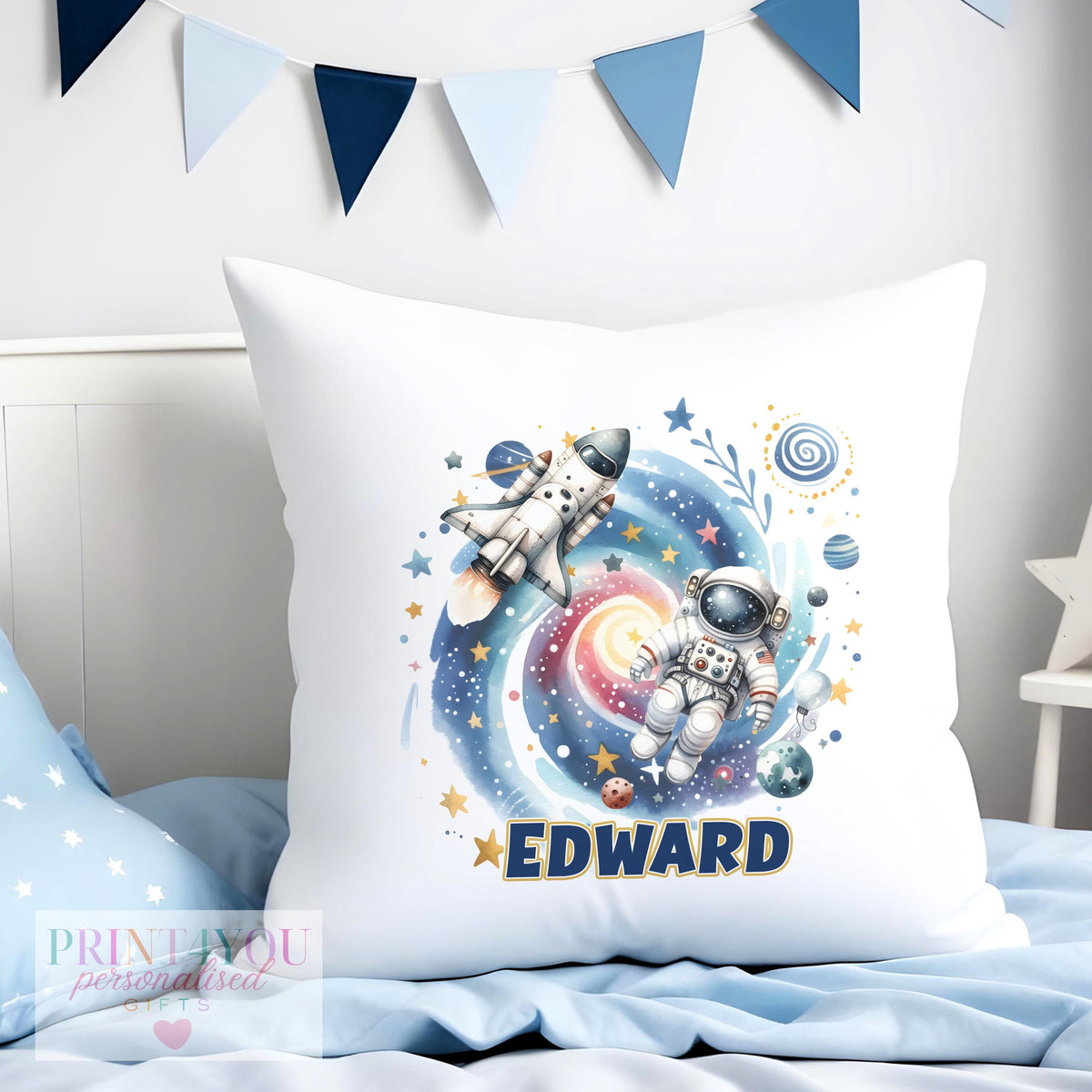 Personalised Space cushion cover for boys with custom name, astronaut design on off-white velvet fabric