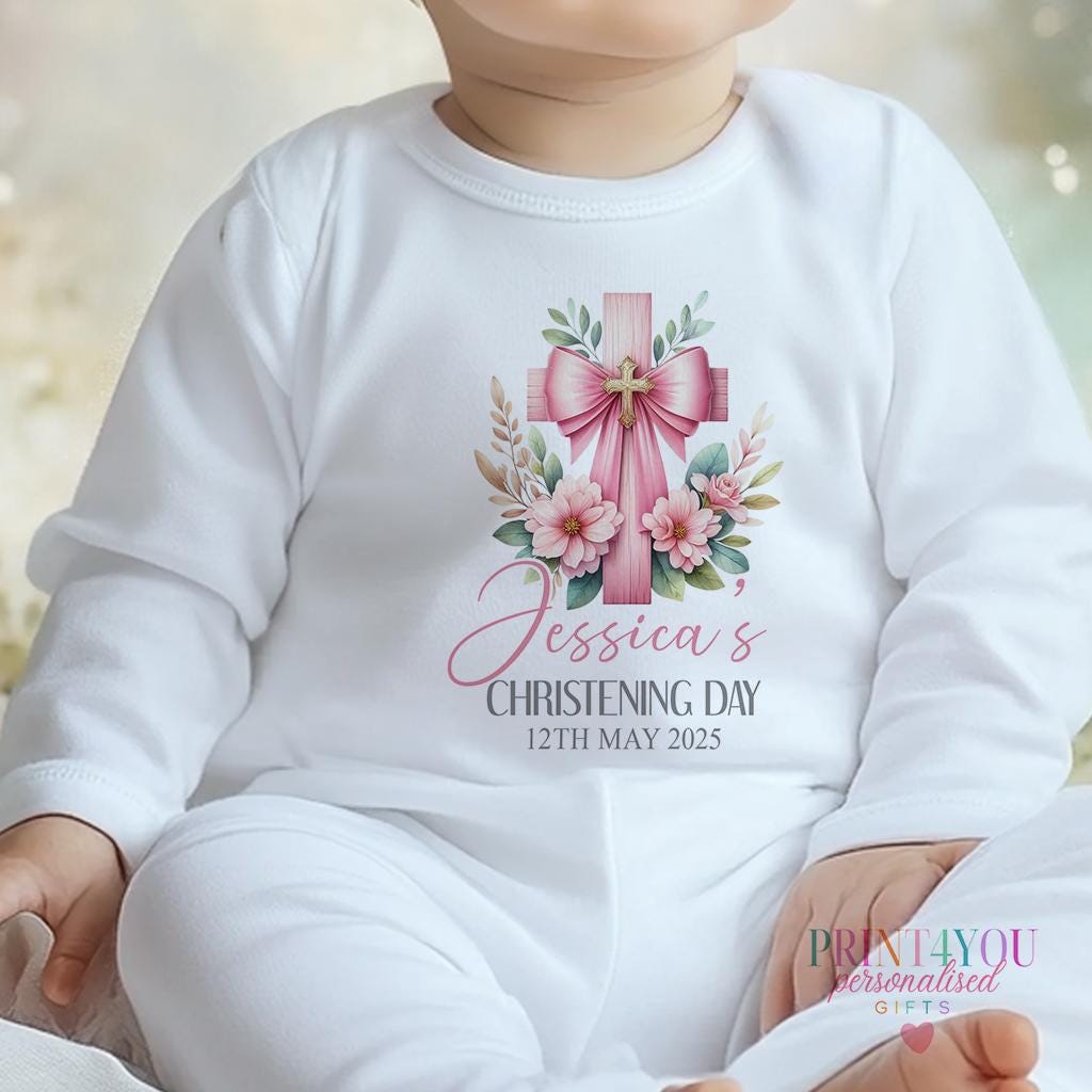 Personalised pink cross christening sleepsuit for baby