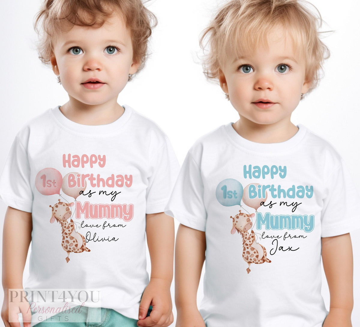 Personalised 1st birthday bib shown in the Daddy version, with the giraffe and balloons design and custom name.
