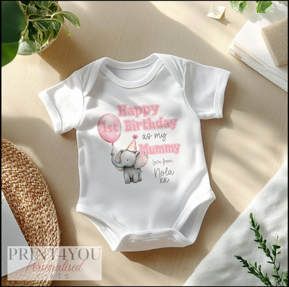 Close-up of the Cute Elephant birthday print with a pink balloon and personalised name.