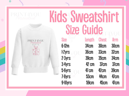 The image is a size guide for kids' sweatshirts, providing measurements for different age groups.