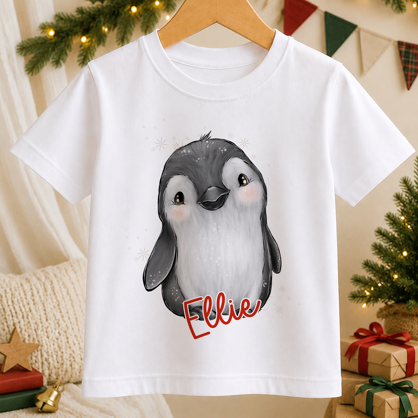 A white t-shirt with a cartoon penguin design and the name "Ellie" written on it, hanging on a wooden hanger.