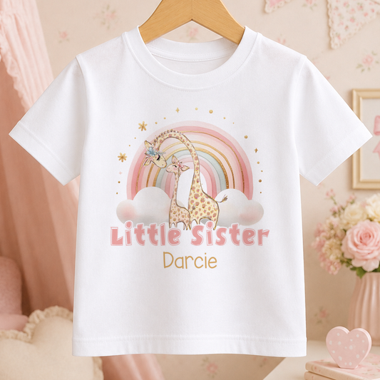 A white t-shirt with a giraffe and a rainbow graphic, along with the text "Little Sister" and the name "Darcie" printed on it.
