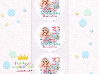 Sheet of personalised mermaid birthday party bag stickers with name and age